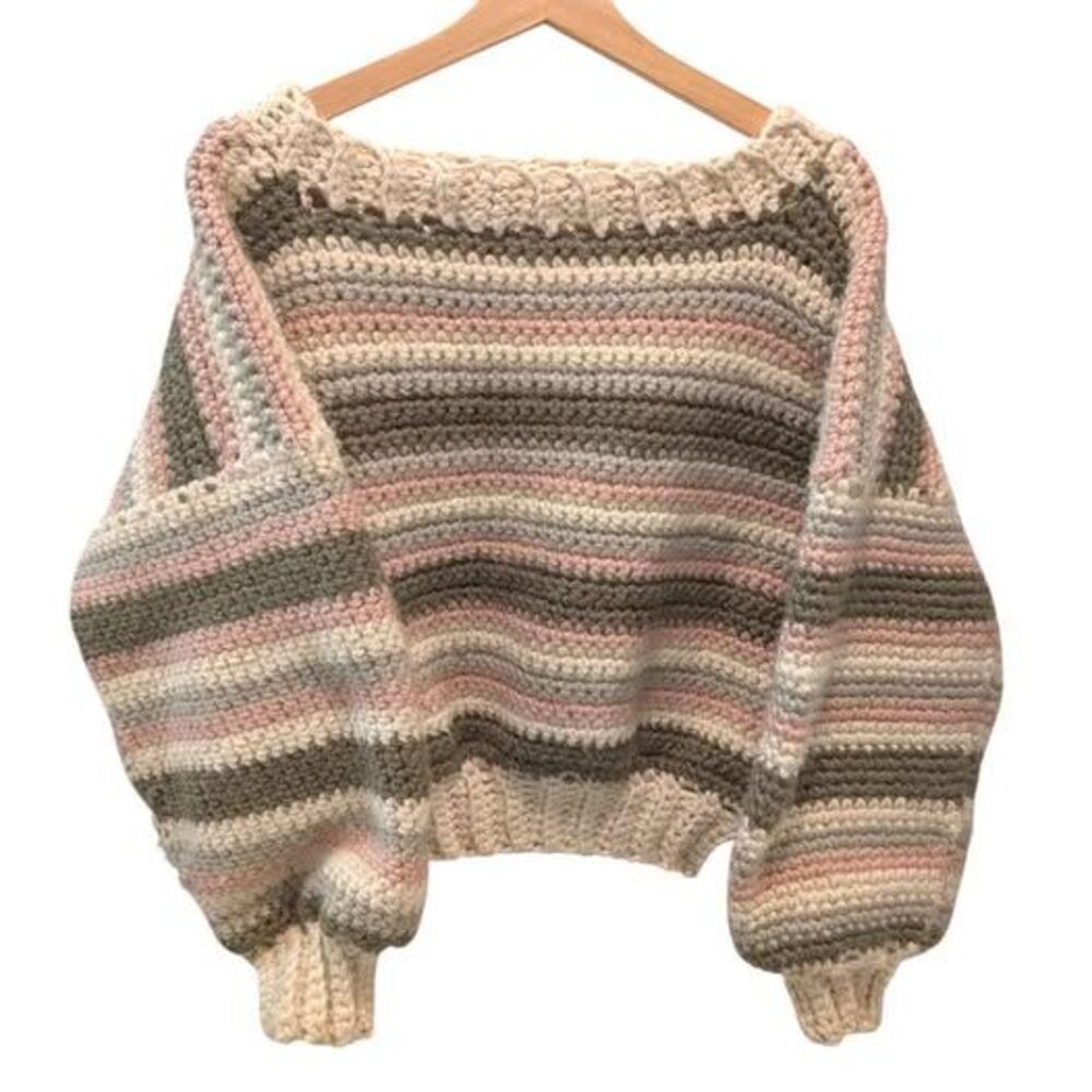 Handmade Crochet Striped Sweater Pink Sage Cream Oversized Cropped L/XL Cottage